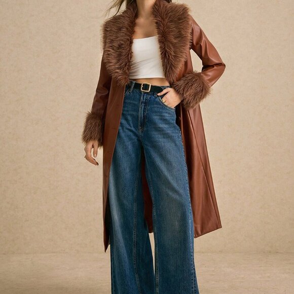 Coffee Brown Elegant Women's Faux Fur Collar Faux Leather Trench Coat - Picture 5 of 6